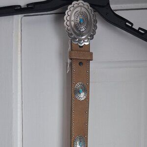Tony Llama Tan Leather Western Belt Silver and Turquoise Detail Unisex Size 36